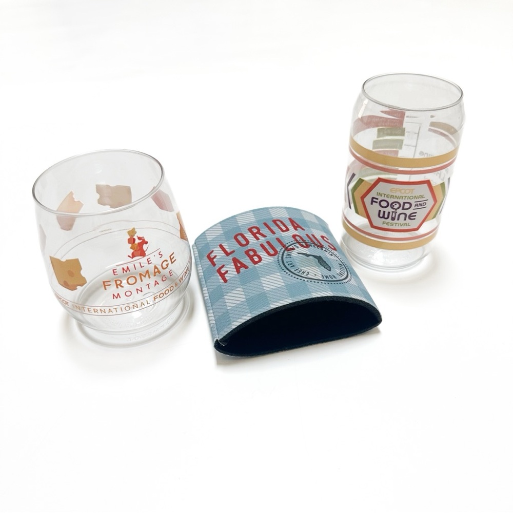 Disney World Drinkware Food and Wine Festival Plastic Glasses + Homecomin Koozie